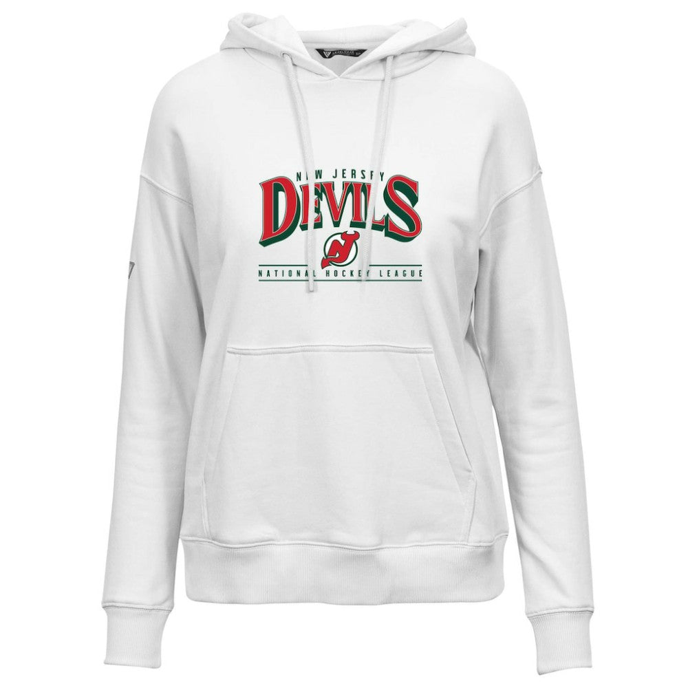 NHL New Jersey Devils Levelwear Women's Retro Adorn Spellout Pullover Hoodie - White