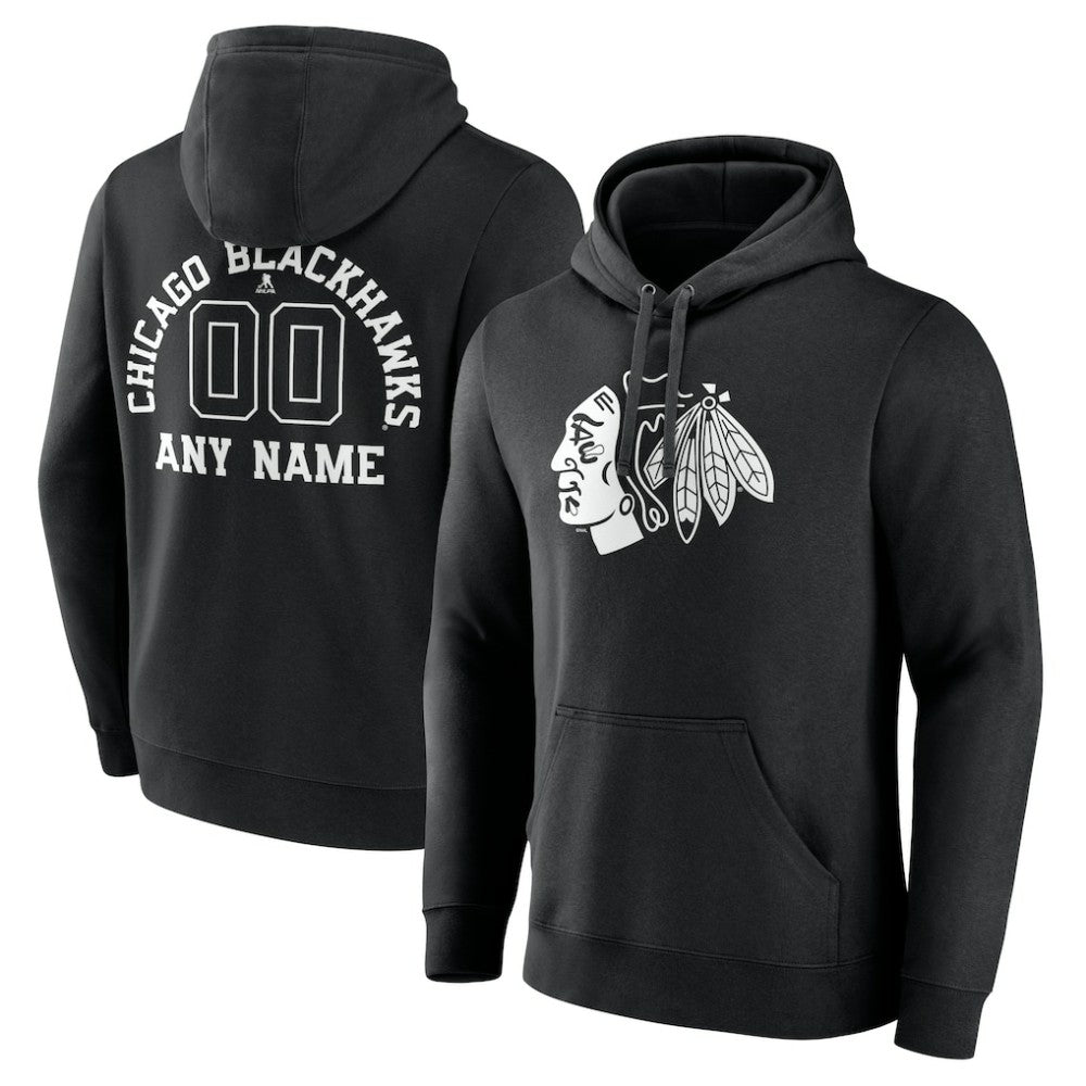 NHL,Custom Chicago Blackhawks Personalized Name & Number Monochrome Pullover Hoodie - Black
