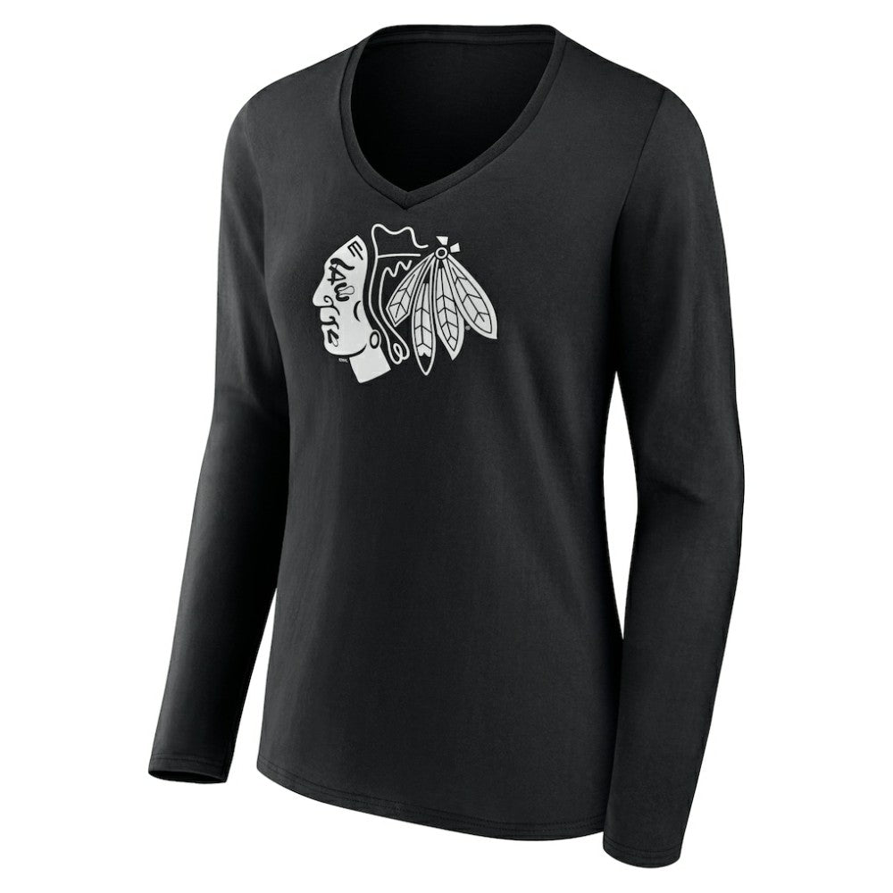 NHL,Custom Chicago Blackhawks Women's Personalized Name & Number Monochrome Long Sleeve V-Neck T-Shirt - Black