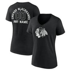 NHL,Custom Chicago Blackhawks Women's Personalized Name & Number Monochrome V-Neck T-Shirt - Black