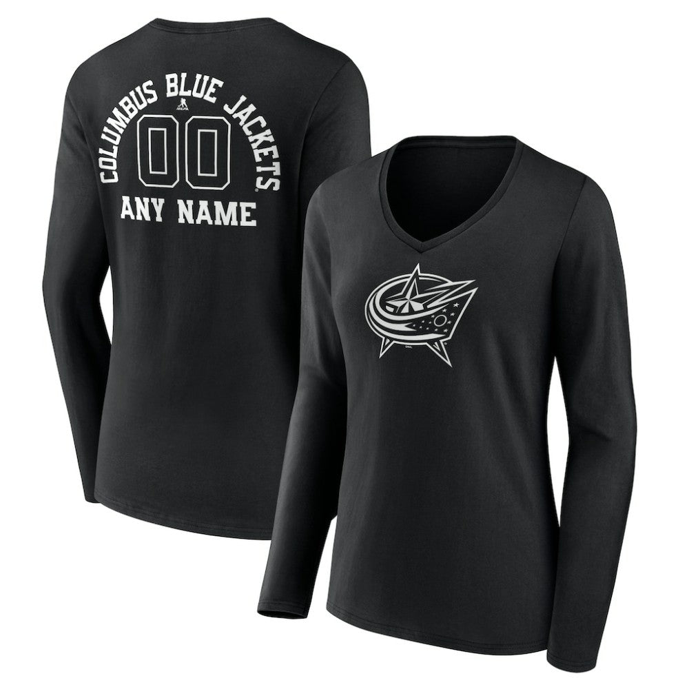 NHL,Custom Columbus Blue Jackets Women's Personalized Name & Number Monochrome Long Sleeve V-Neck T-Shirt - Black
