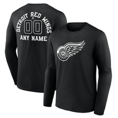 NHL,Custom Detroit Red Wings Personalized Name & Number Monochrome Long Sleeve T-Shirt - Black
