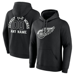 NHL,Custom Detroit Red Wings Personalized Name & Number Monochrome Pullover Hoodie - Black