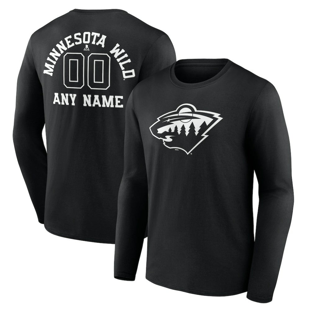 NHL,Custom Minnesota Wild Personalized Name & Number Monochrome Long Sleeve T-Shirt - Black