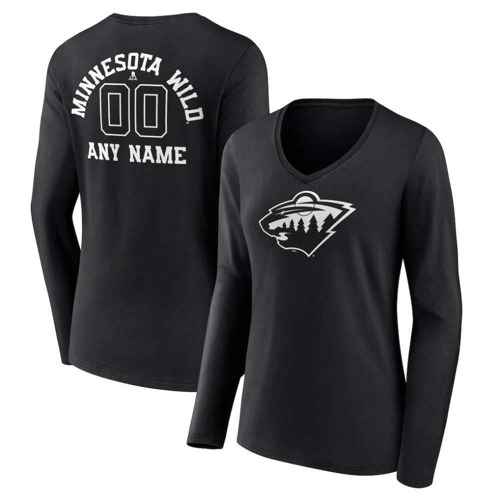 NHL,Custom Minnesota Wild Women's Personalized Name & Number Monochrome Long Sleeve V-Neck T-Shirt - Black