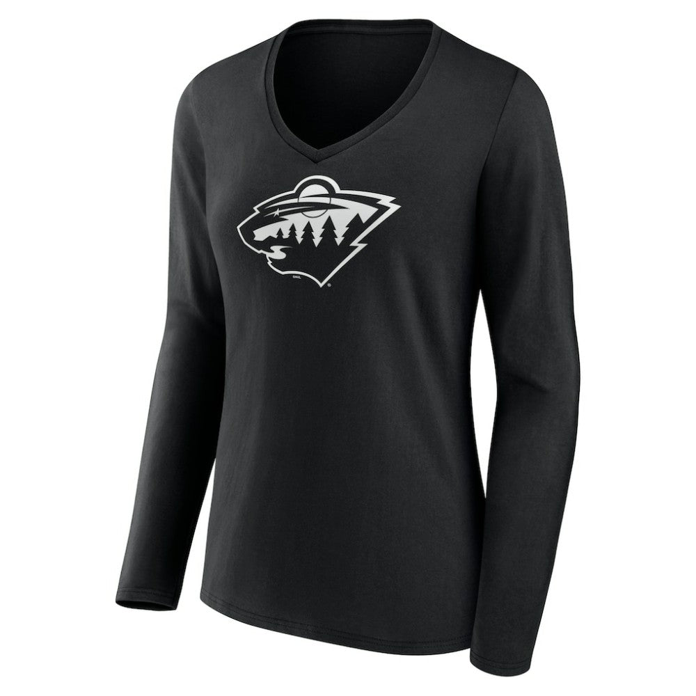 NHL,Custom Minnesota Wild Women's Personalized Name & Number Monochrome Long Sleeve V-Neck T-Shirt - Black