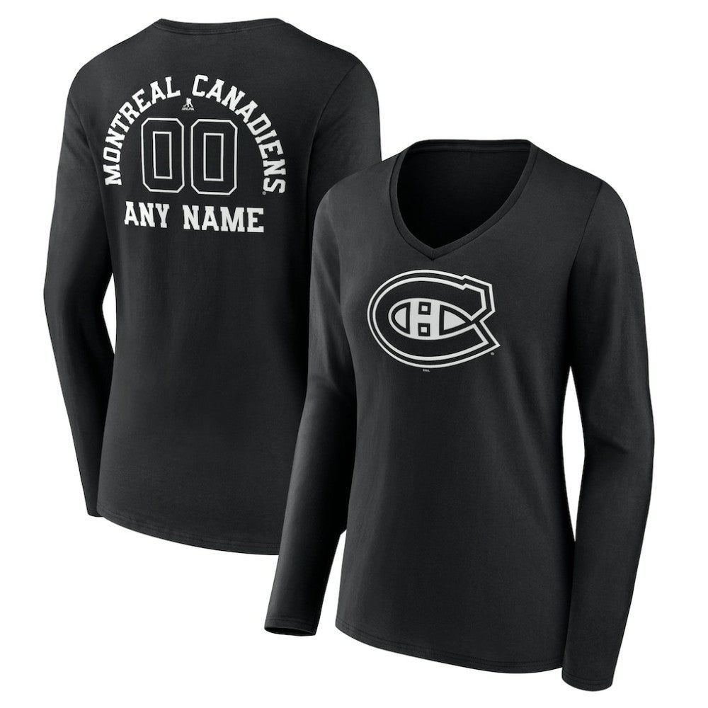 NHL,Custom Montreal Canadiens Women's Personalized Name & Number Monochrome Long Sleeve V-Neck T-Shirt - Black