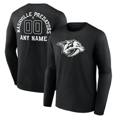 NHL,Custom Nashville Predators Personalized Name & Number Monochrome Long Sleeve T-Shirt - Black