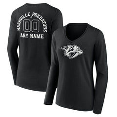 NHL,Custom Nashville Predators Women's Personalized Name & Number Monochrome Long Sleeve V-Neck T-Shirt - Black