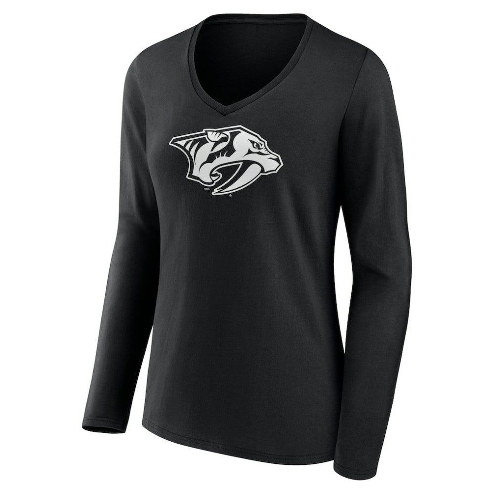 NHL,Custom Nashville Predators Women's Personalized Name & Number Monochrome Long Sleeve V-Neck T-Shirt - Black