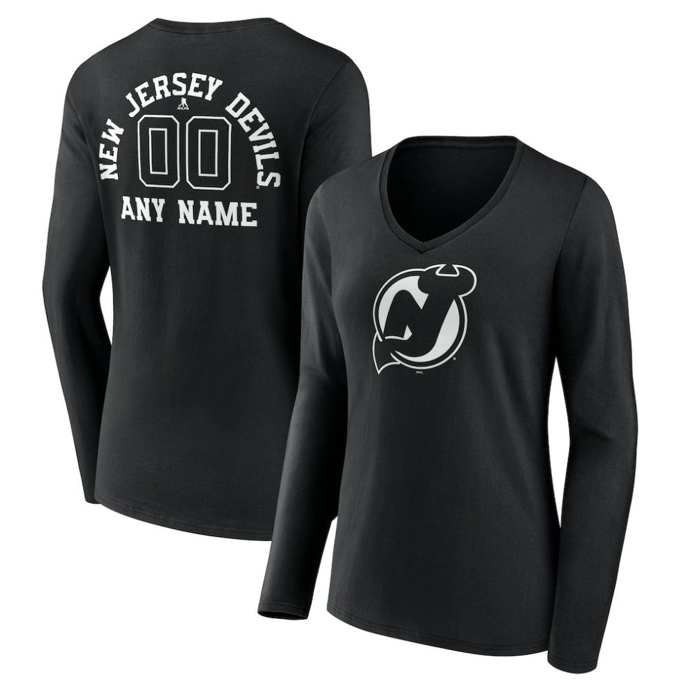 NHL,Custom New Jersey Devils Women's Personalized Name & Number Monochrome Long Sleeve V-Neck T-Shirt - Black