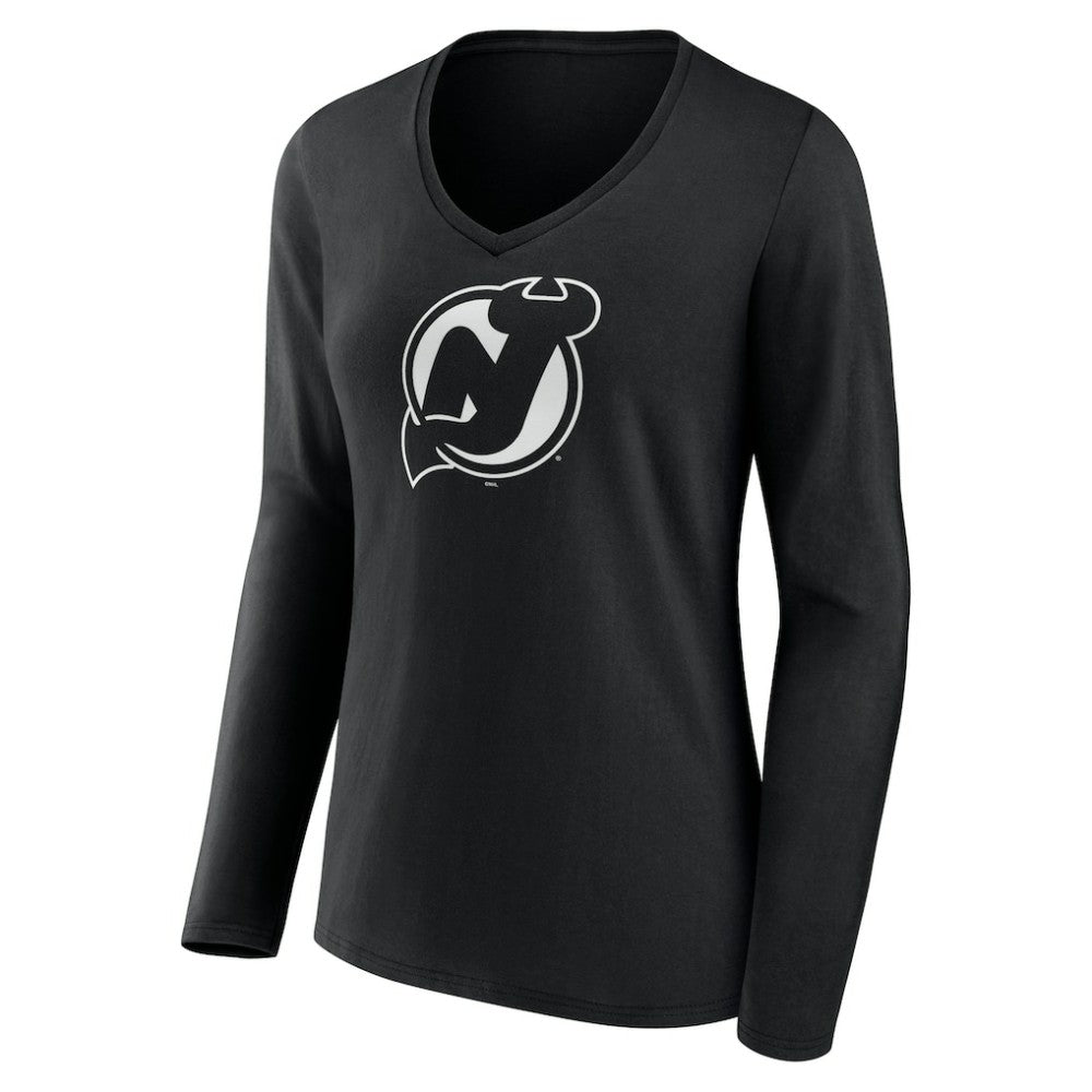 NHL,Custom New Jersey Devils Women's Personalized Name & Number Monochrome Long Sleeve V-Neck T-Shirt - Black