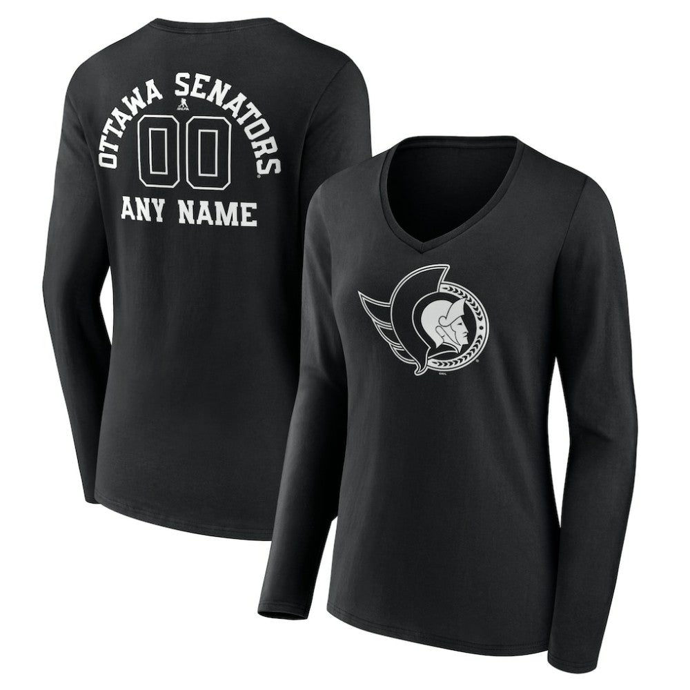 NHL,Custom Ottawa Senators Women's Personalized Name & Number Monochrome Long Sleeve V-Neck T-Shirt - Black