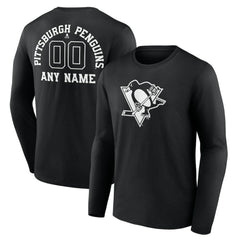 NHL,Custom Pittsburgh Penguins Personalized Name & Number Monochrome Long Sleeve T-Shirt - Black