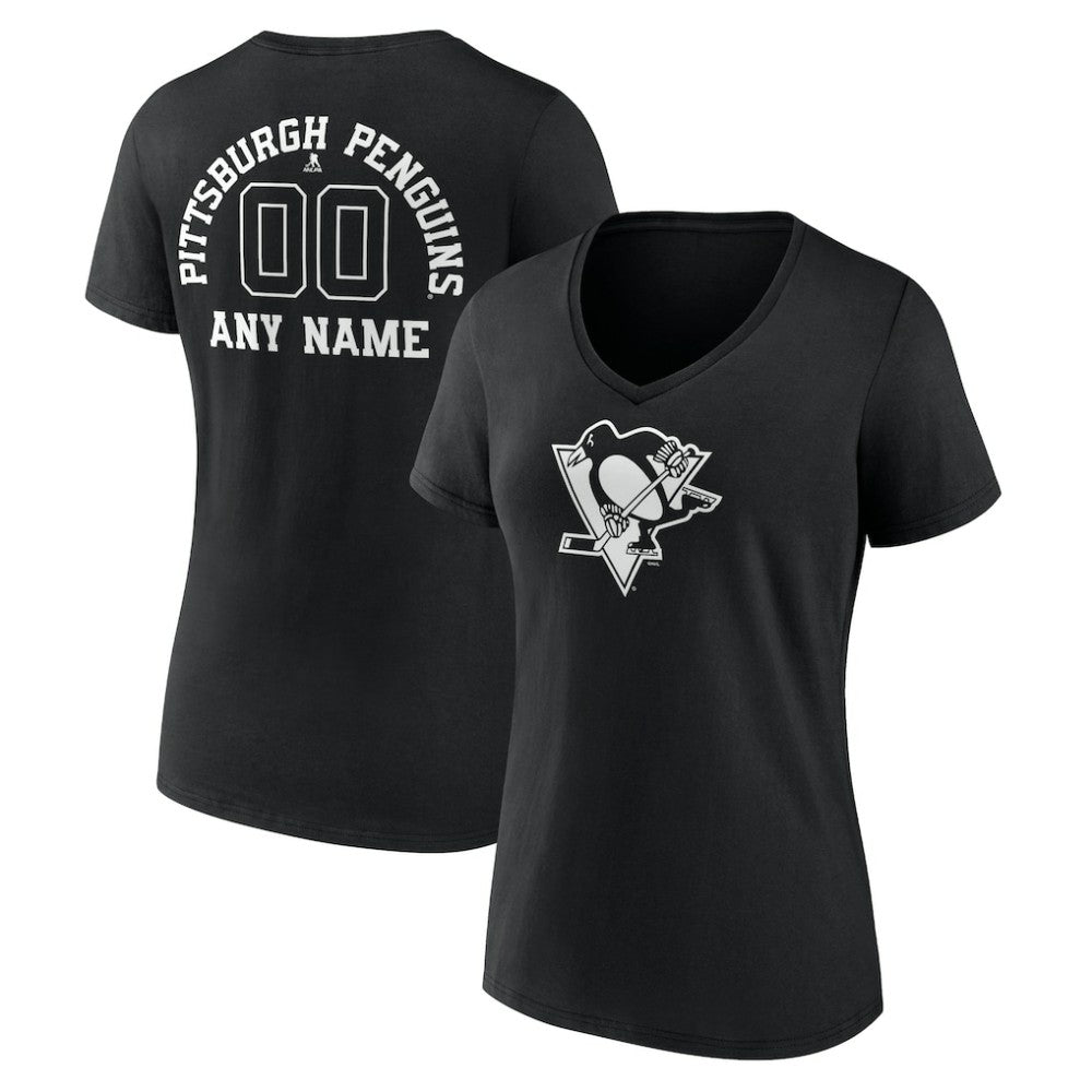 NHL,Custom Pittsburgh Penguins Women's Personalized Name & Number Monochrome V-Neck T-Shirt - Black
