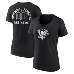 NHL,Custom Pittsburgh Penguins Women's Personalized Name & Number Monochrome V-Neck T-Shirt - Black