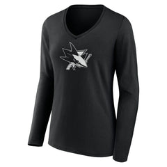 NHL,Custom San Jose Sharks Women's Personalized Name & Number Monochrome Long Sleeve V-Neck T-Shirt - Black