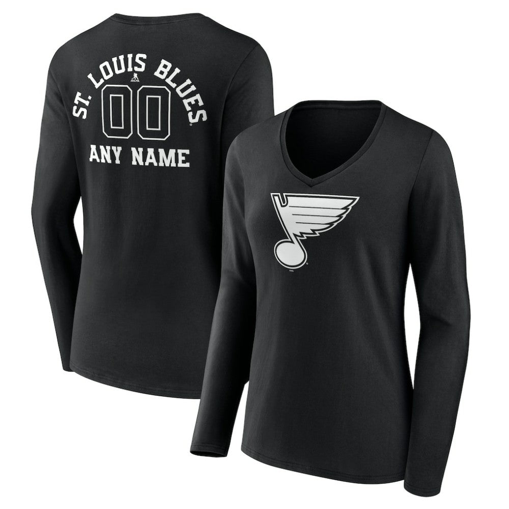 NHL,Custom St. Louis Blues Women's Personalized Name & Number Monochrome Long Sleeve V-Neck T-Shirt - Black