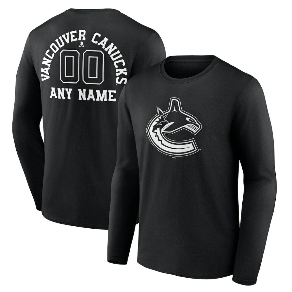 NHL,Custom Vancouver Canucks Personalized Name & Number Monochrome Long Sleeve T-Shirt - Black