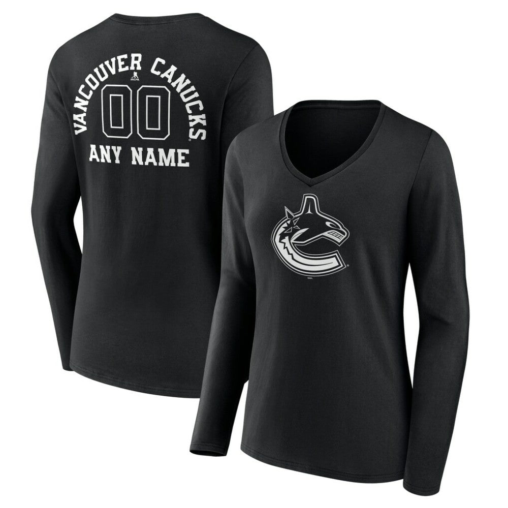 NHL,Custom Vancouver Canucks Women's Personalized Name & Number Monochrome Long Sleeve V-Neck T-Shirt - Black