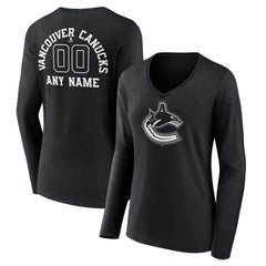 NHL,Custom Vancouver Canucks Women's Personalized Name & Number Monochrome Long Sleeve V-Neck T-Shirt - Black
