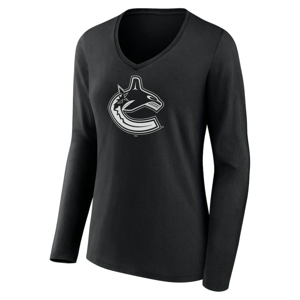 NHL,Custom Vancouver Canucks Women's Personalized Name & Number Monochrome Long Sleeve V-Neck T-Shirt - Black