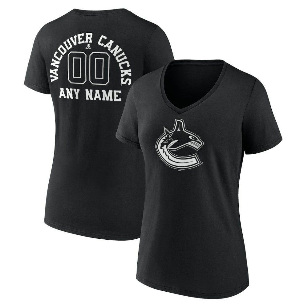 NHL,Custom Vancouver Canucks Women's Personalized Name & Number Monochrome V-Neck T-Shirt - Black