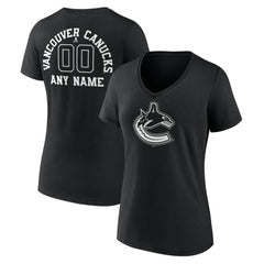 NHL,Custom Vancouver Canucks Women's Personalized Name & Number Monochrome V-Neck T-Shirt - Black