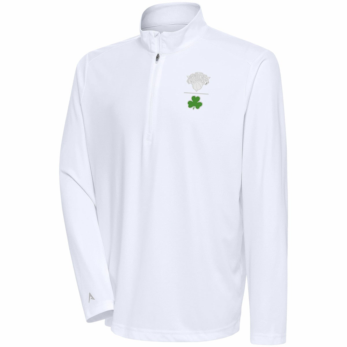 New York Knicks Antigua Shamrock Tribute Quarter-Zip Pullover Top White