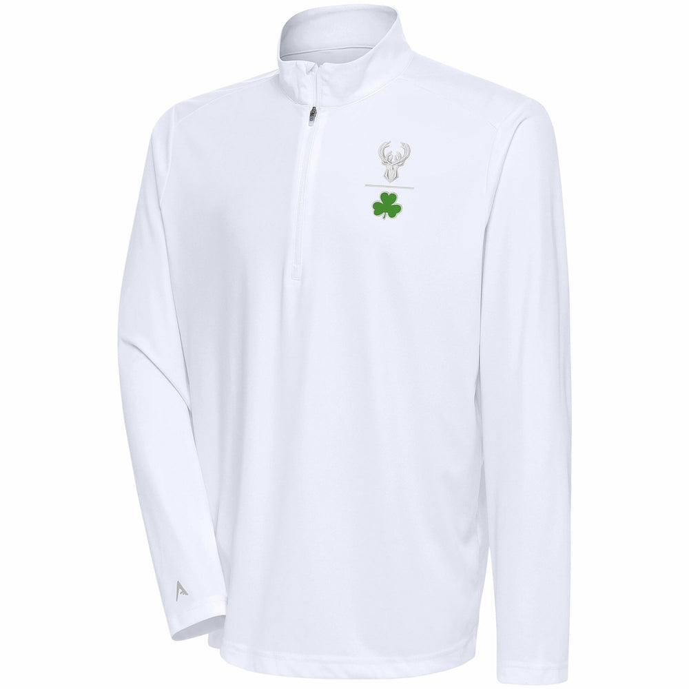 Milwaukee Bucks Antigua Shamrock Tribute Quarter-Zip Pullover Top White