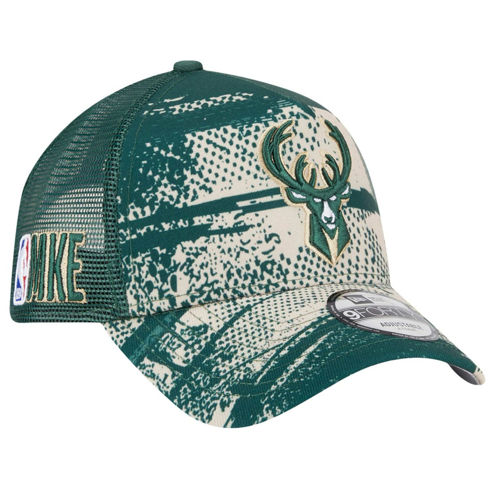 Milwaukee Bucks Tip Off A-Frame Trucker 9FORTY Adjustable Hat Hunter Green/Cream