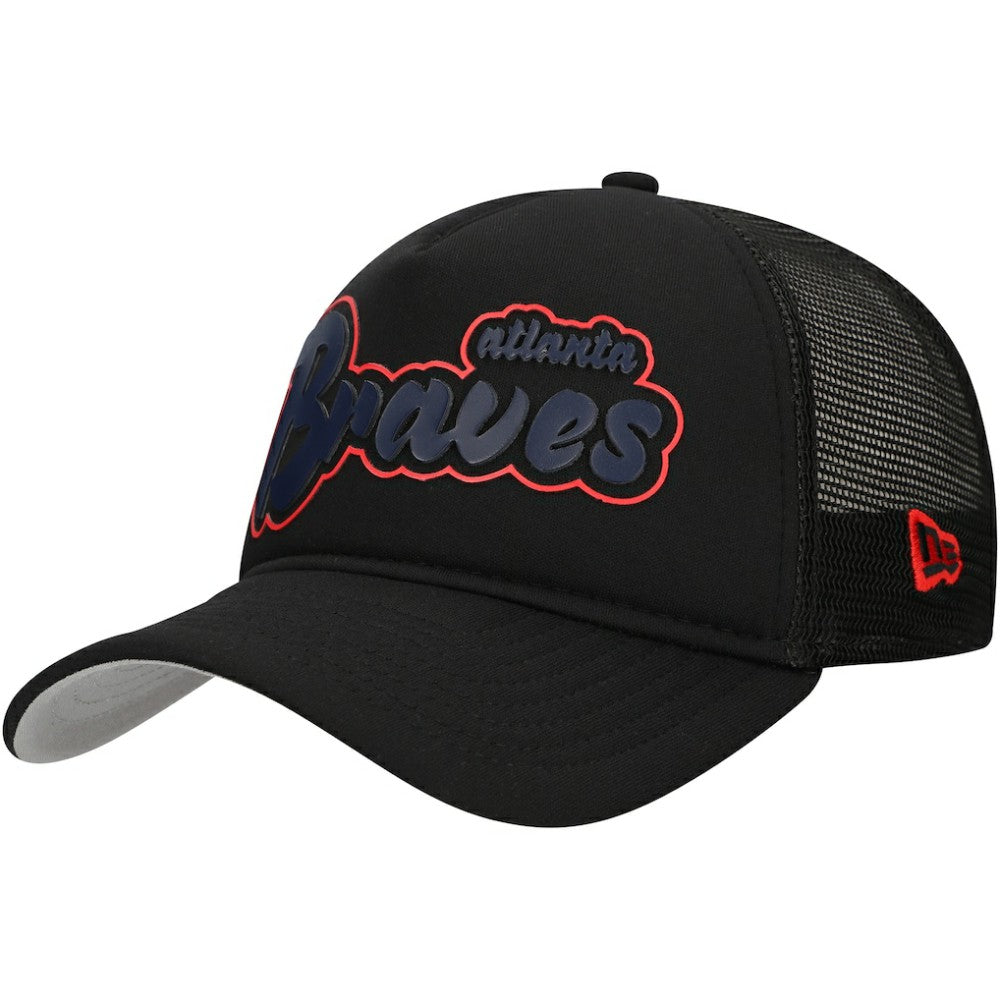 Atlanta Braves New Era Retro Bold A-Frame Trucker 9FORTY Adjustable Hat - Black Hats