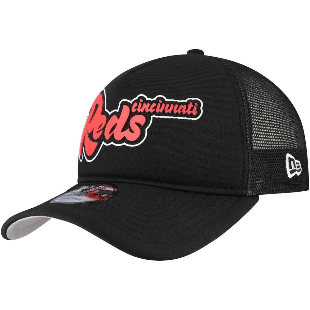 Cincinnati Reds New Era Retro Bold A-Frame Trucker 9FORTY Adjustable Hat - Black Hats