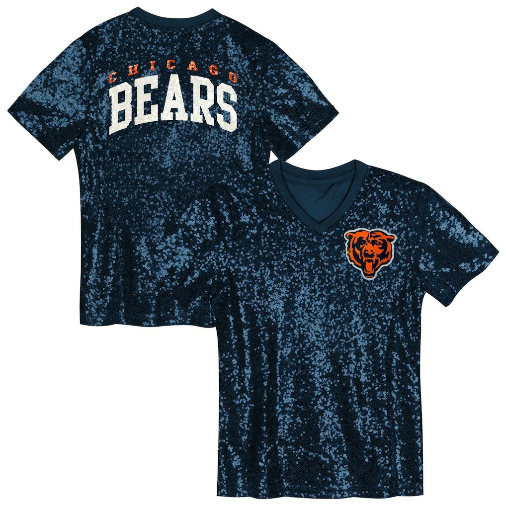 Chicago Bears Girls Youth Wordmark Sequin V-Neck Top Navy