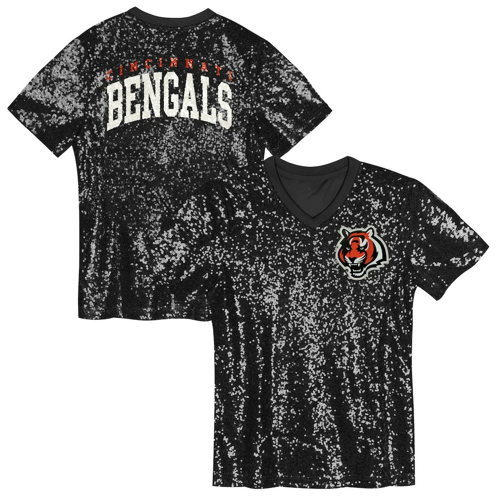 Cincinnati Bengals Girls Youth Wordmark Sequin V-Neck Top Black