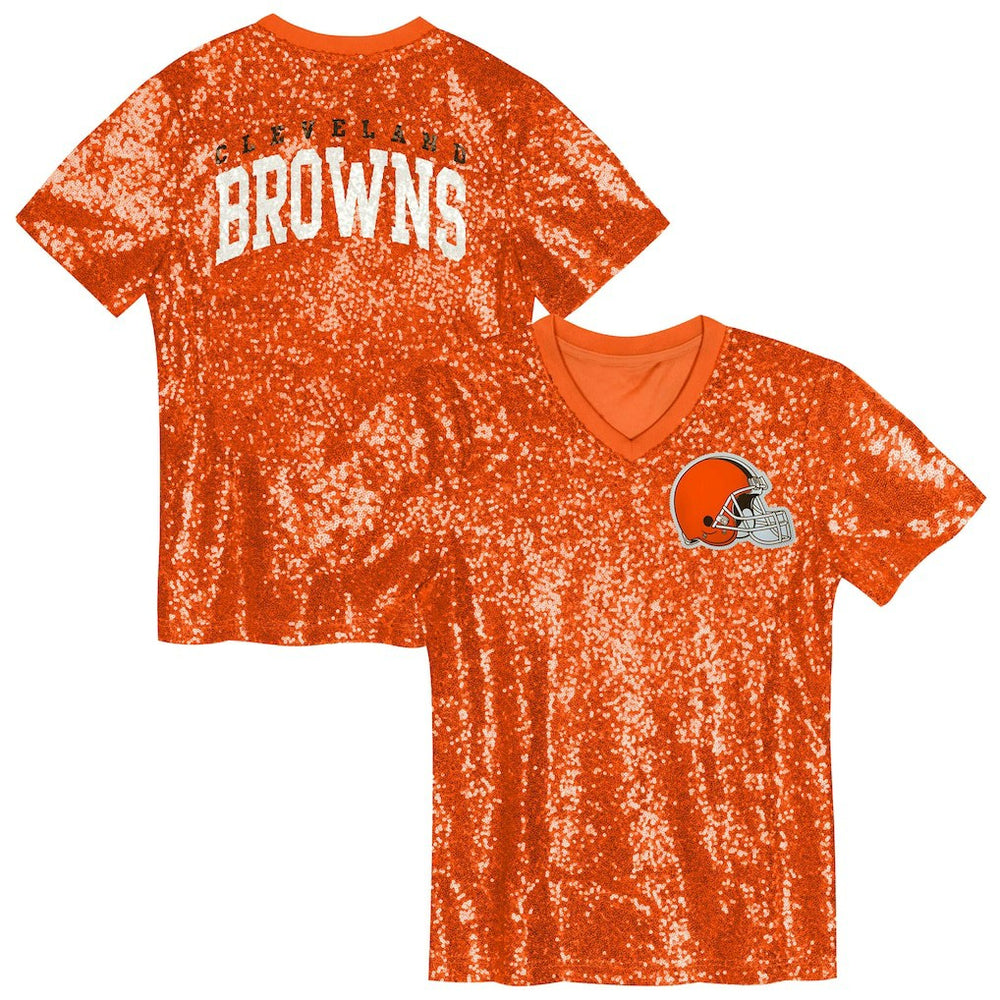 Cleveland Browns Girls Youth Wordmark Sequin V-Neck Top Orange