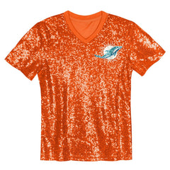 Miami Dolphins Girls Youth Wordmark Sequin V-Neck Top Orange