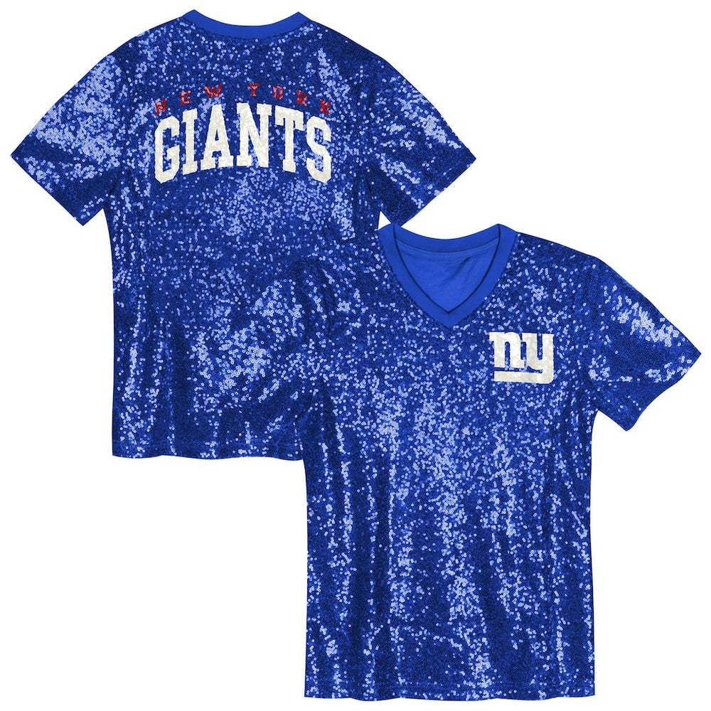 New York Giants Girls Youth Wordmark Sequin V-Neck Top Royal