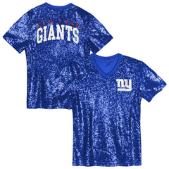 New York Giants Girls Youth Wordmark Sequin V-Neck Top Royal