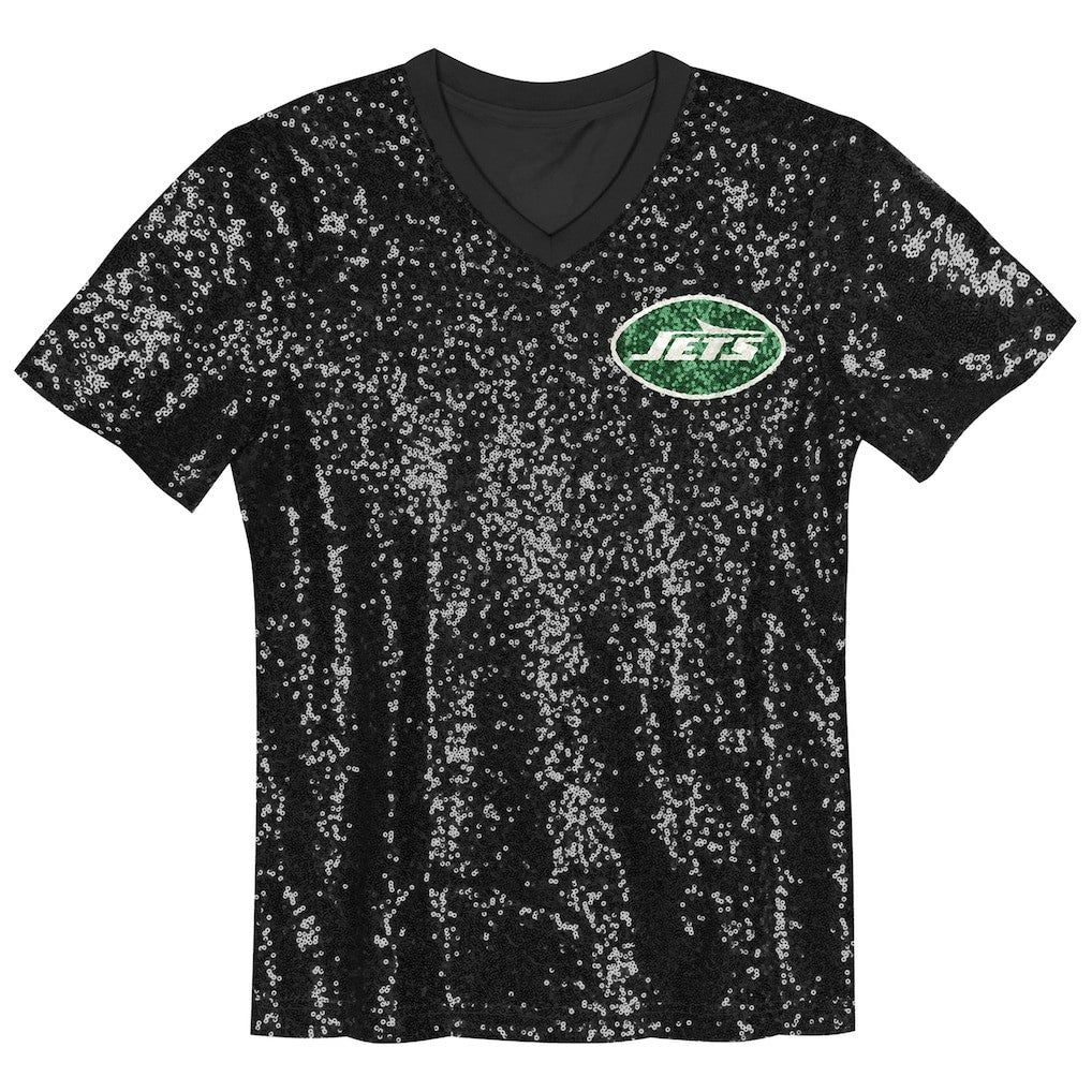 New York Jets Girls Youth Wordmark Sequin V-Neck Top Black