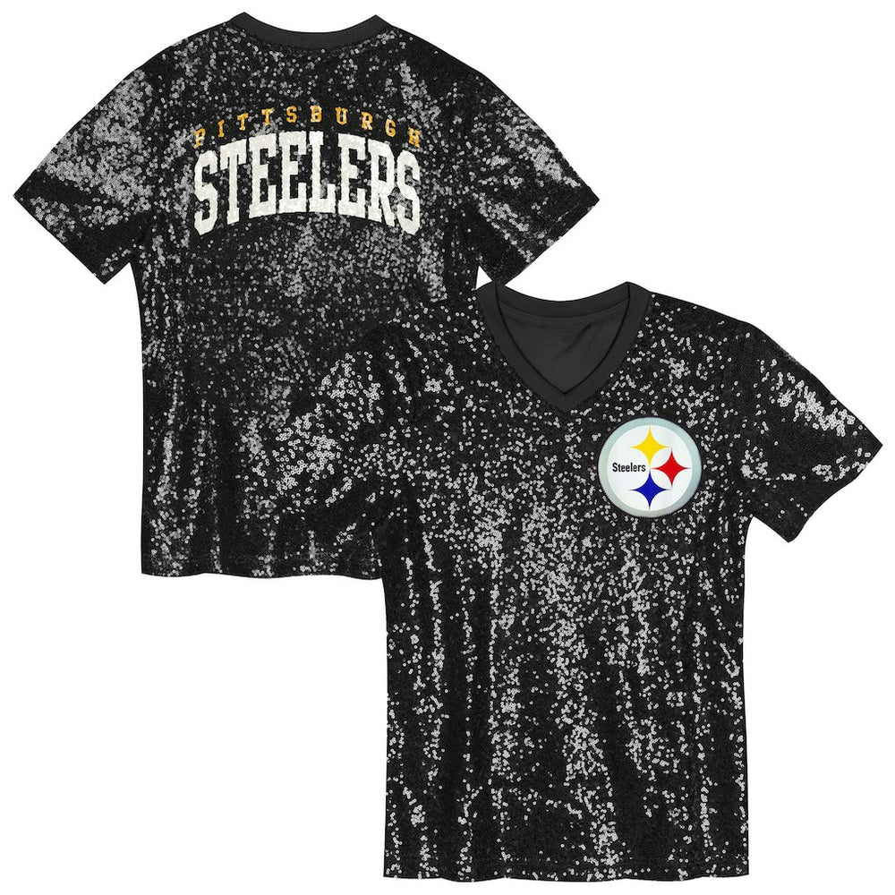Pittsburgh Steelers Girls Youth Wordmark Sequin V-Neck Top Black