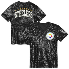 Pittsburgh Steelers Girls Youth Wordmark Sequin V-Neck Top Black