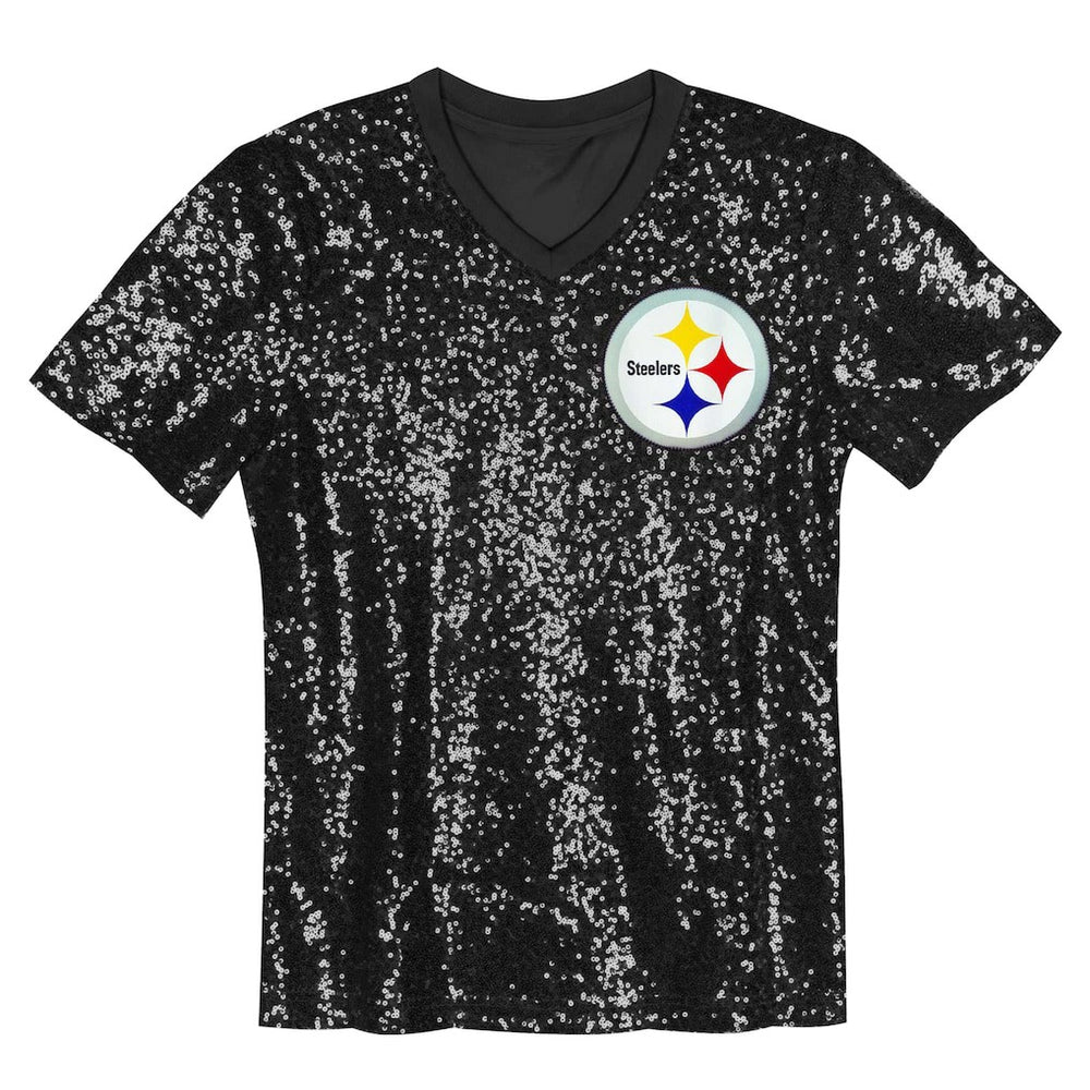 Pittsburgh Steelers Girls Youth Wordmark Sequin V-Neck Top Black