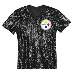 Pittsburgh Steelers Girls Youth Wordmark Sequin V-Neck Top Black