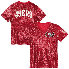 San Francisco 49ers Girls Youth Wordmark Sequin V-Neck Top Scarlet