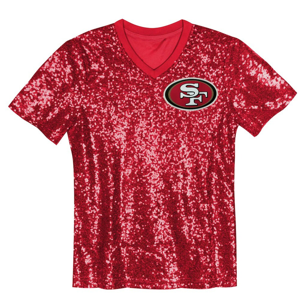 San Francisco 49ers Girls Youth Wordmark Sequin V-Neck Top Scarlet