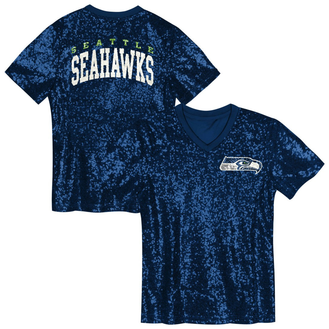 Seattle Seahawks Girls Youth Wordmark Sequin V-Neck Top College Navy