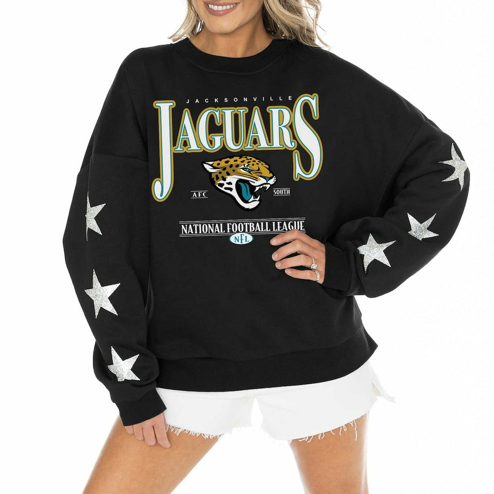 Jacksonville Jaguars Gameday Couture Women's Rhinestone Star Sleeve Settle the Score Oversized Pullover Sweatshirt Black