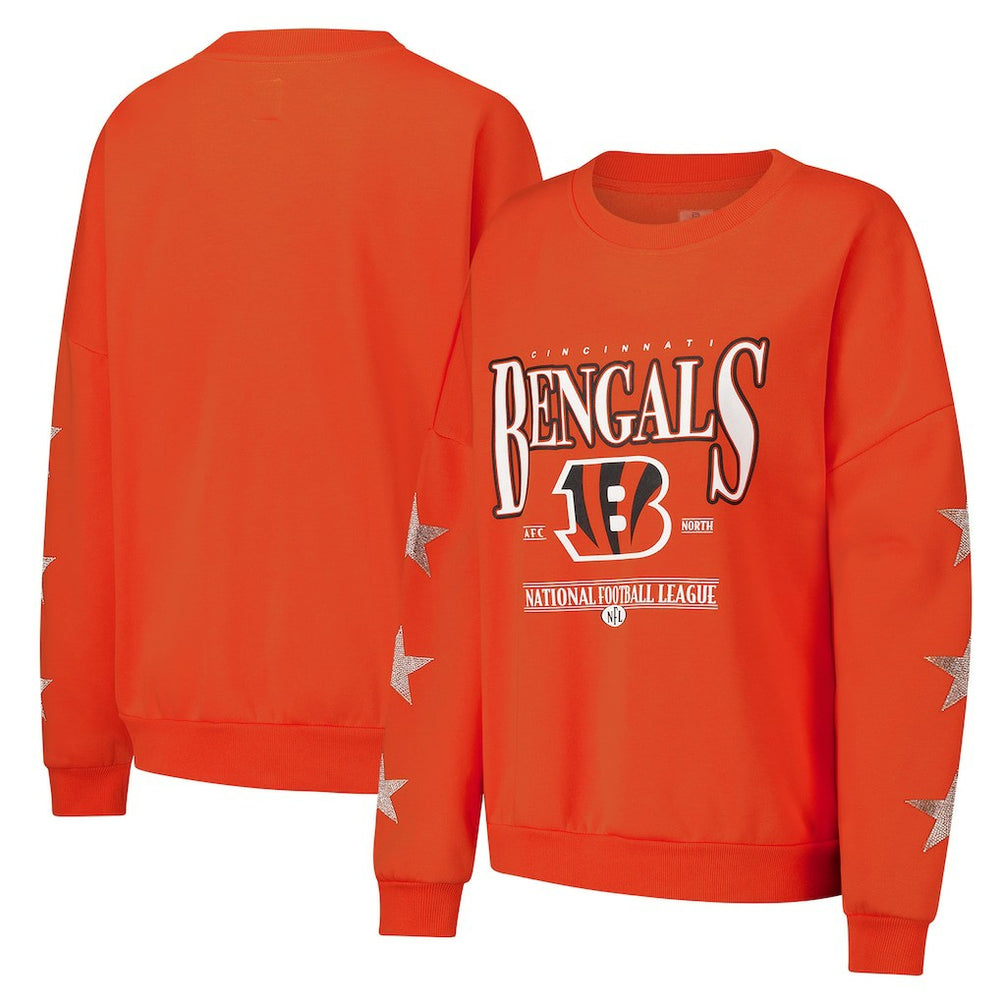 Cincinnati Bengals Gameday Couture Women's Rhinestone Star Sleeve Settle the Score Oversized Pullover Sweatshirt Orange