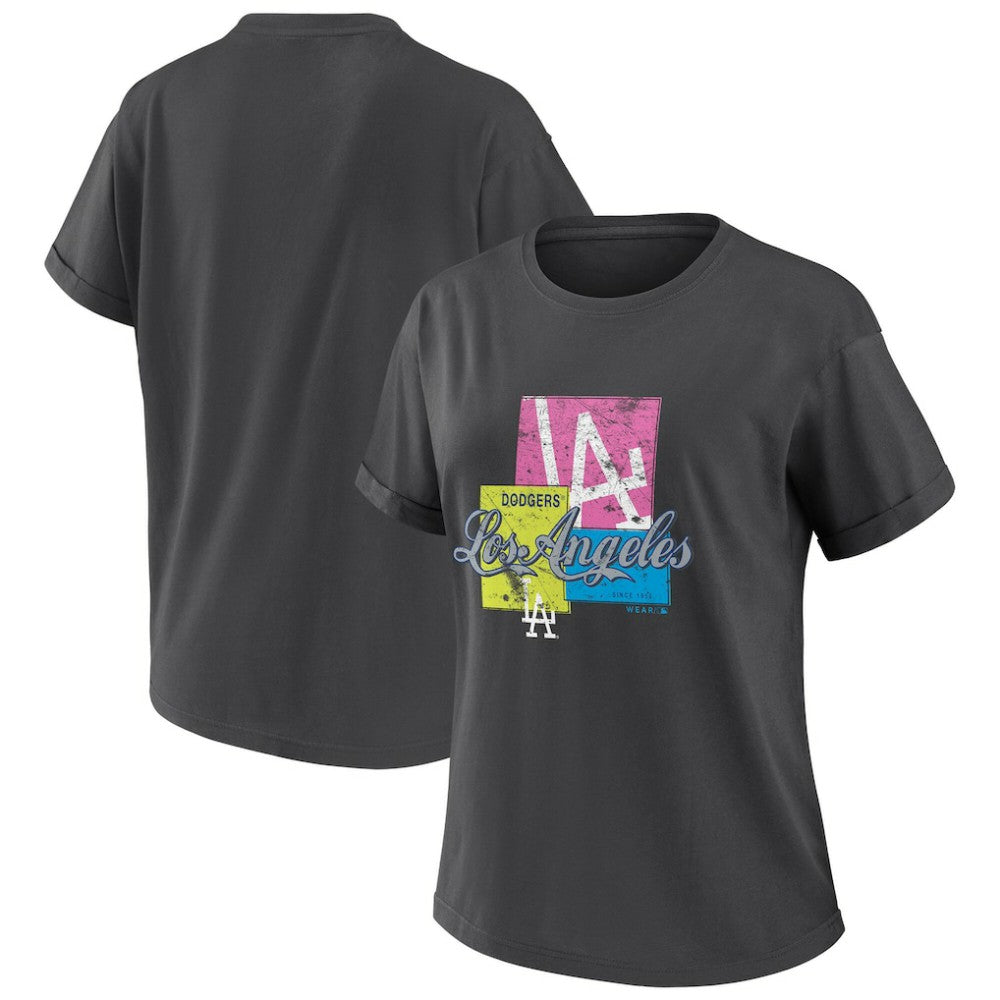 Los Angeles Dodgers WEAR by Erin Andrews Women's Domestic Box Color Boyfriend T-Shirt - Charcoal T-shirts
